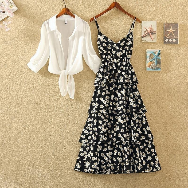 korean clothes two piece sets women summer bandage white shirt and floral printed Layer dress outfits ladies 2 pcs suits Shopee Philippines