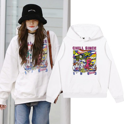 blackpink Lisa korean style ulzzang women cartoon print loose Oversized hoodies long sleeve Hoodie Sweater