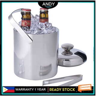 Stainless Steel Ice Cube Container Double Walled 1.3L Ice Bucket Container  with Tongs Lid and One Small Metal Ice Scoop