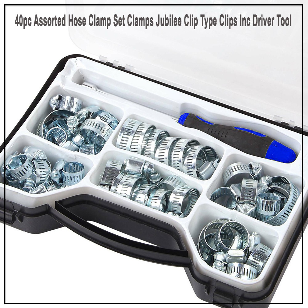 40pc Assorted Hose Clamp Set Clamps Jubilee Clip Type Clips Inc Driver