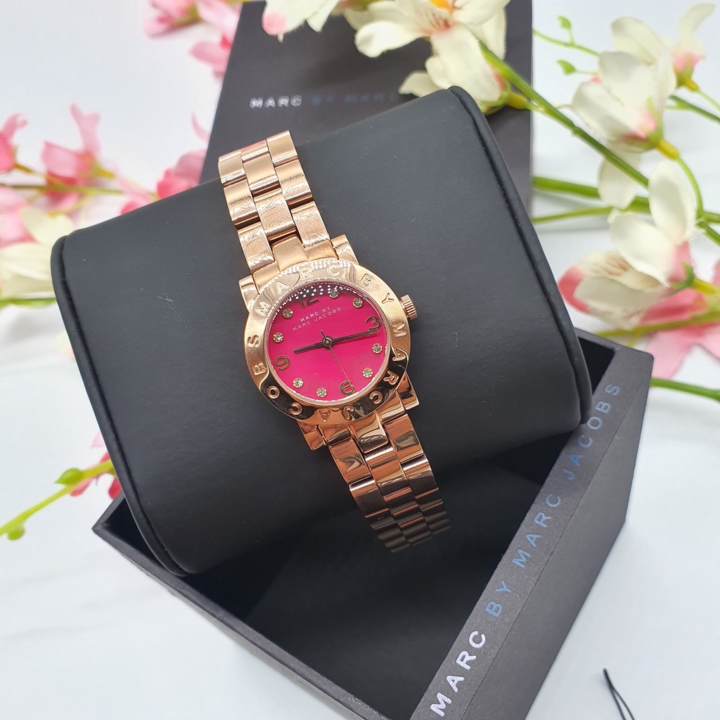 Mini Amy Pink Dial Rose Gold Tone Stainless Steel Bracelet with Crystal ...