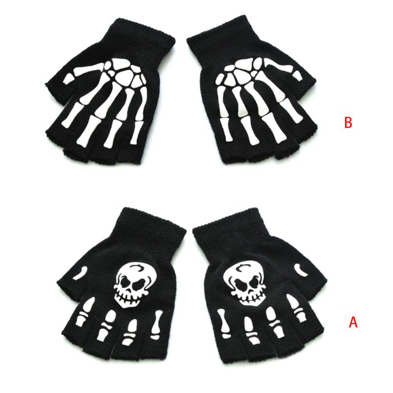 Toddler Kids Halloween Cosplay Skeleton Skull Half Finger Gloves Glow ...