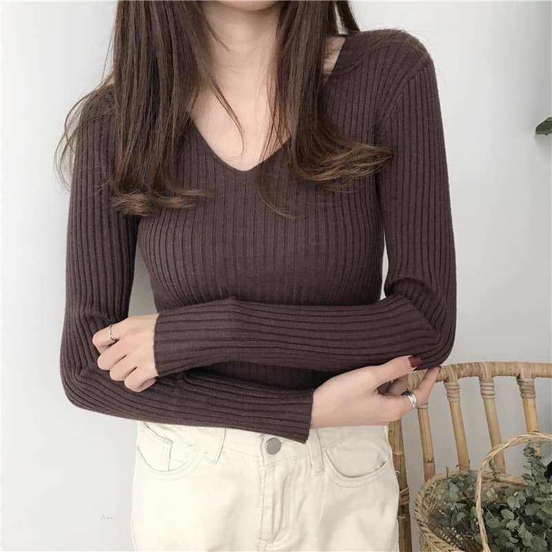 Korean Style Women's Long Sleeves V-Neck Knitted Top | Shopee Philippines