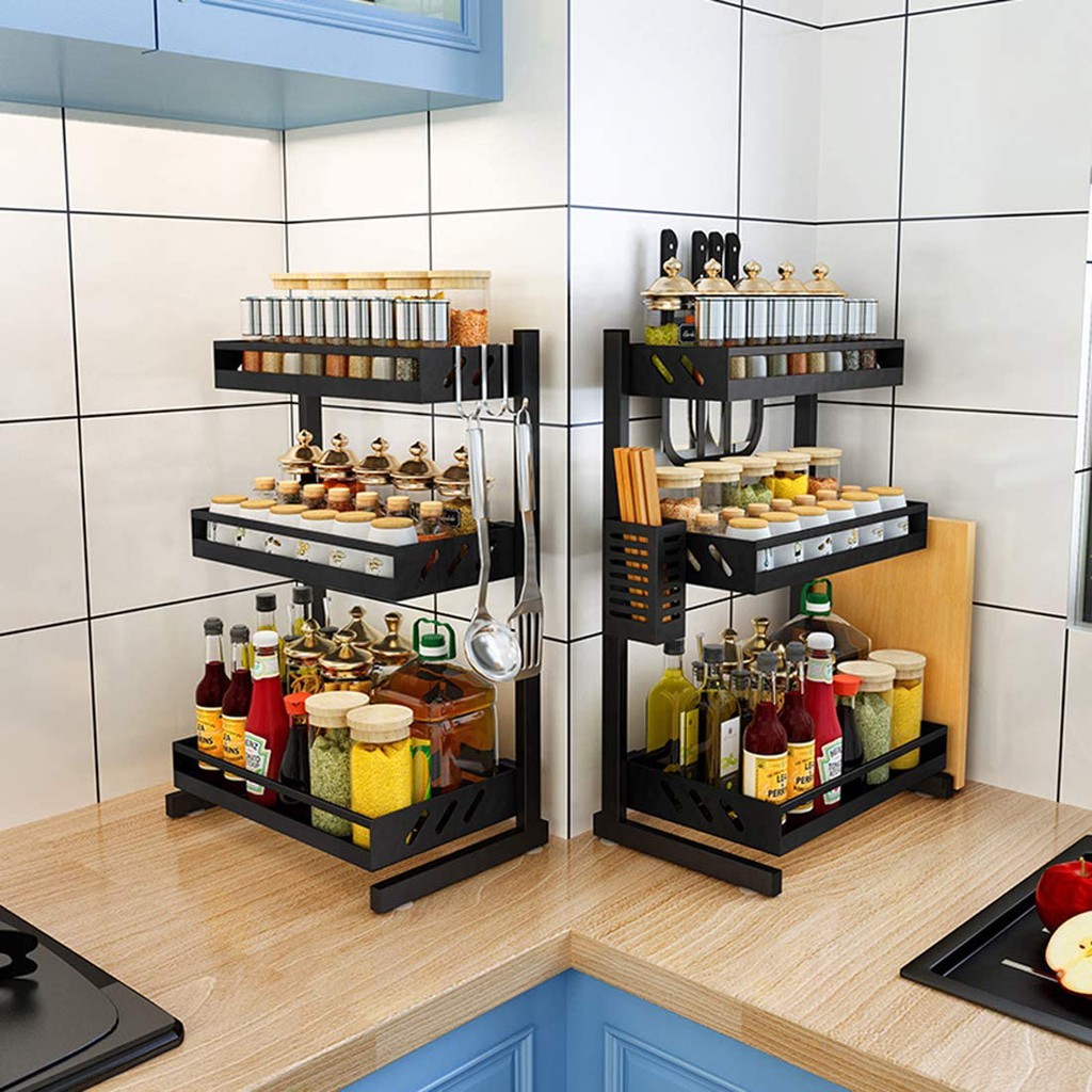 3 Tier Metal Kitchen Spice Rack Countertop Standing Corner Shelf ...