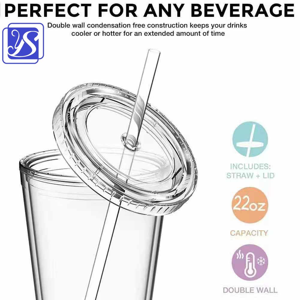 Plastic Cups With Lid Iced Tumbler Water Cup Straws Double-Walled Ice ...