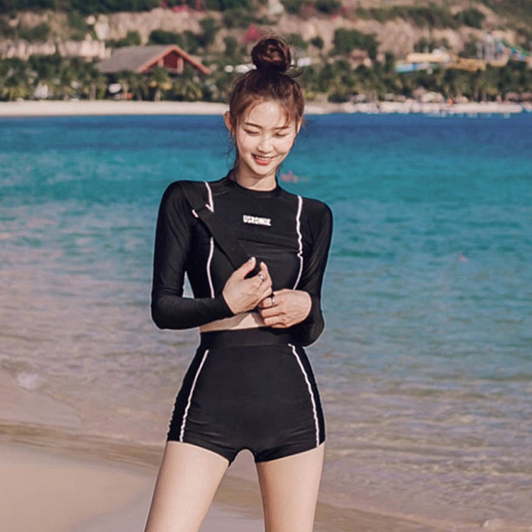 Bikini 2-piece swimsuit with long sleeves and thread trim | Shopee ...