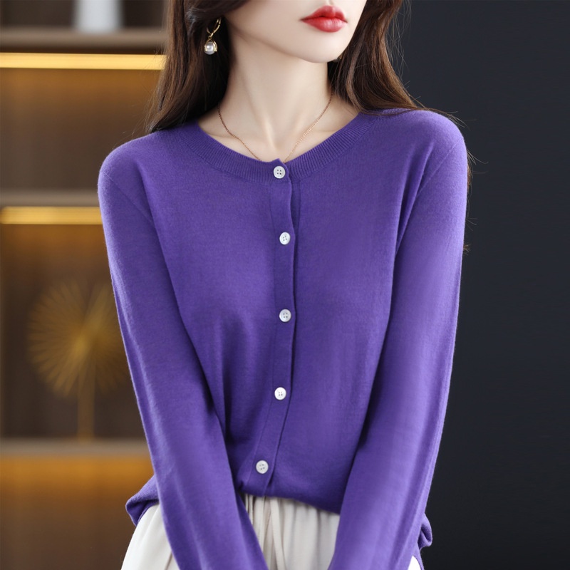 Long-Sleeve Round Neck Button-Down Woven Combo Cardigan