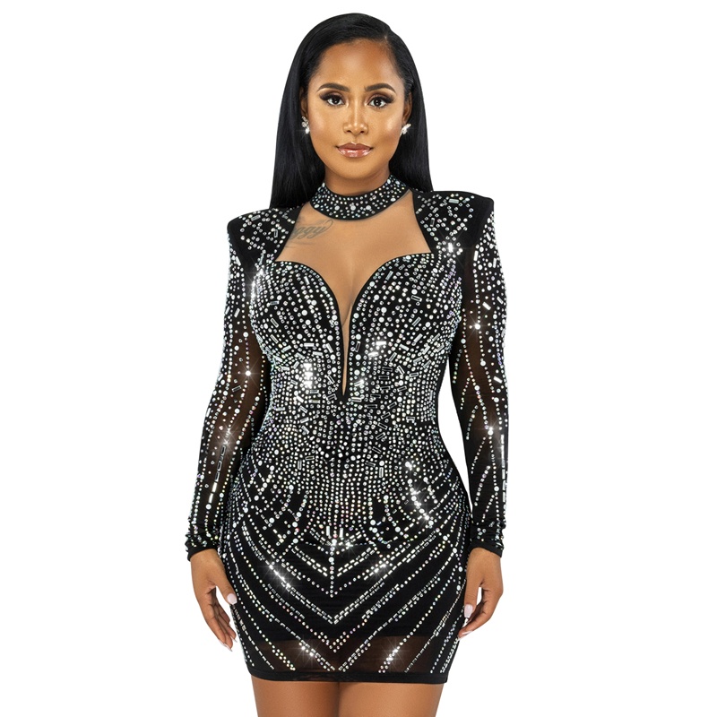 Women Mesh Sexy Night Club Dress With Stones Long Sleeves Mini O Neck  Hollow Out Deep V Black Elegant Bodycon Dresses Plus Sizes