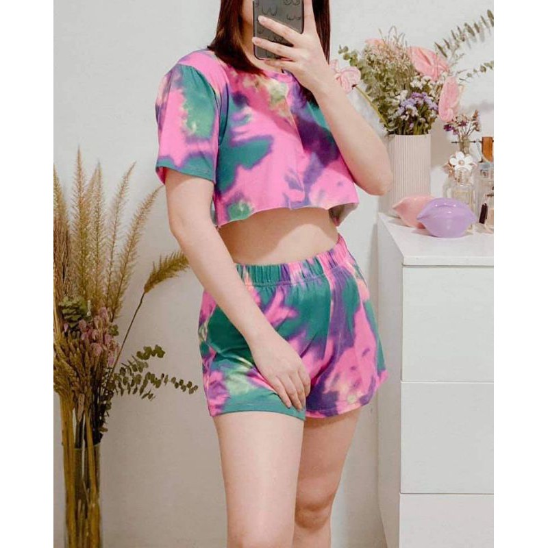 Tie Dye Crop Top and Short Set - Pink