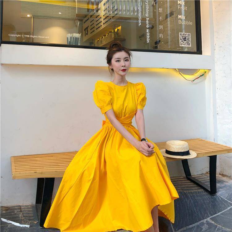 eyelet dress filipiniana dress Yellow dress female summer mid length retro A line skirt Shopee Philippines