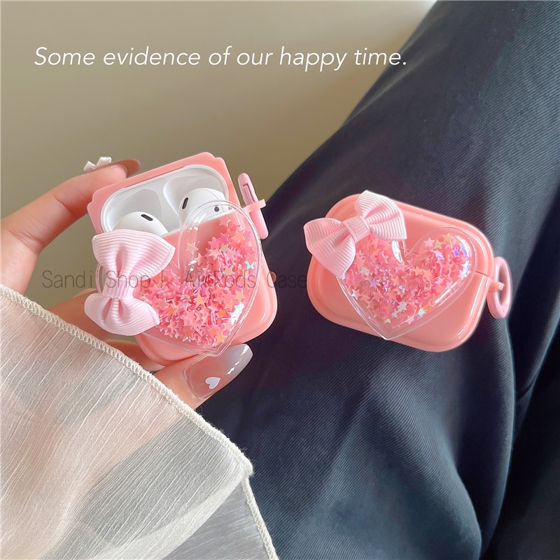 Cute Square Quicksand Heart Bow Airpods Case For Airpods 1 2 3 Pro Tpu Soft Airpods 2 Case