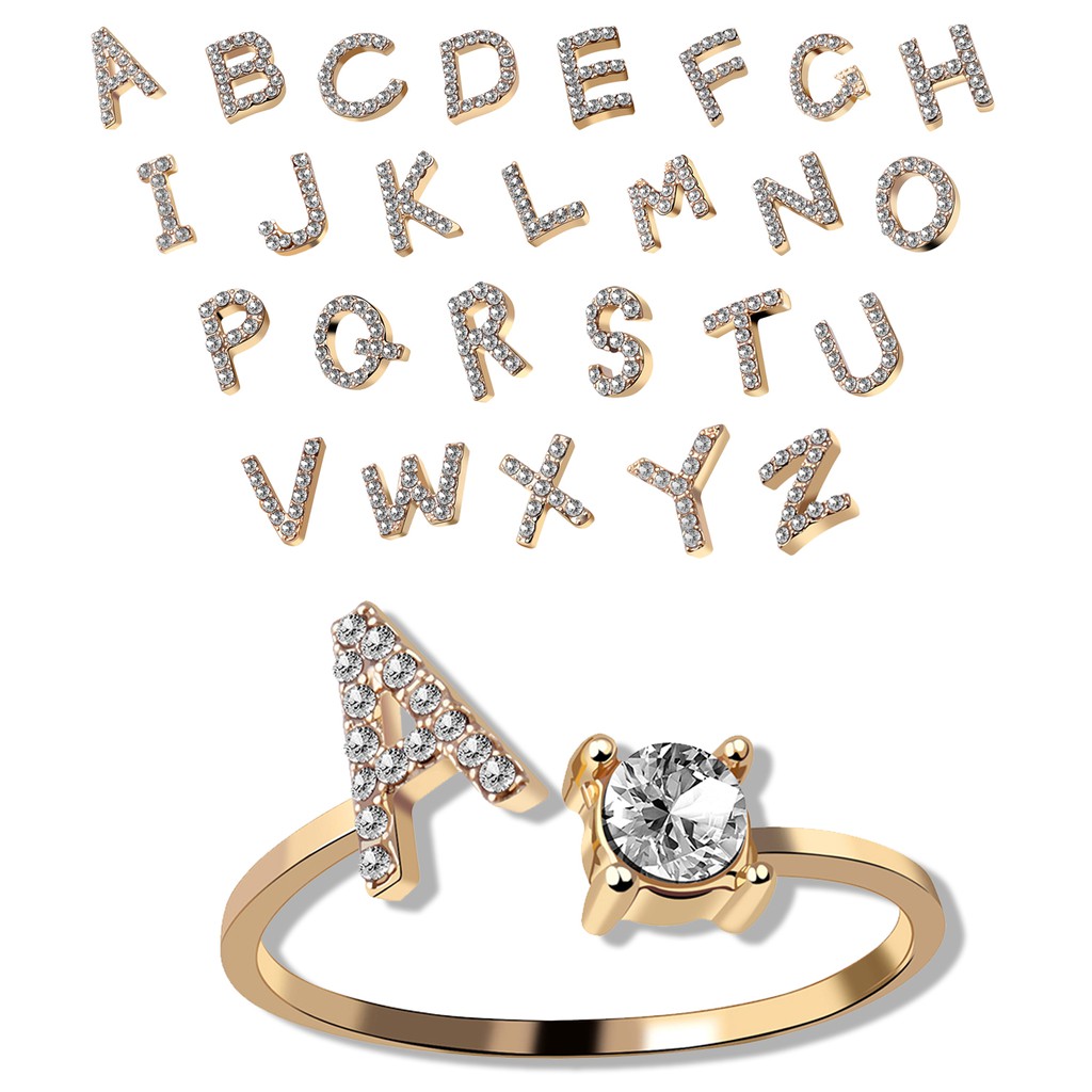 Diamond Letter Ring Women Gold 26 English Alphabet Rings Opening 