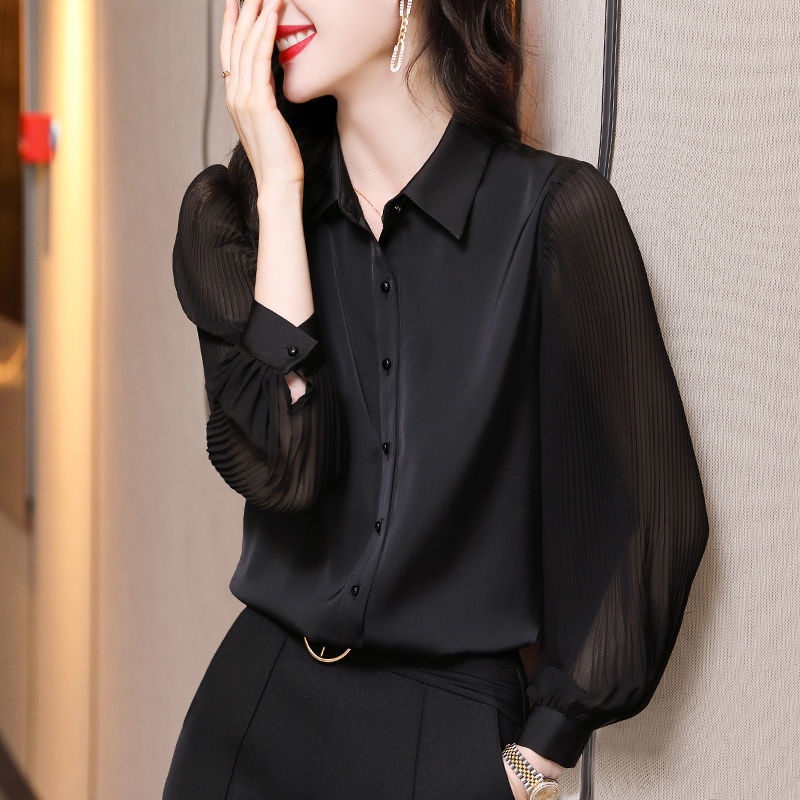 Women Solid Black Long Sleeve Blouses Female Casual Loose Button Chiffon  Work Top Shirts