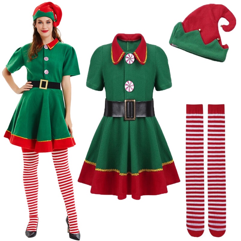 Women Girls Santa Claus Costume Green Elf Dresses Outfit Christmas ...
