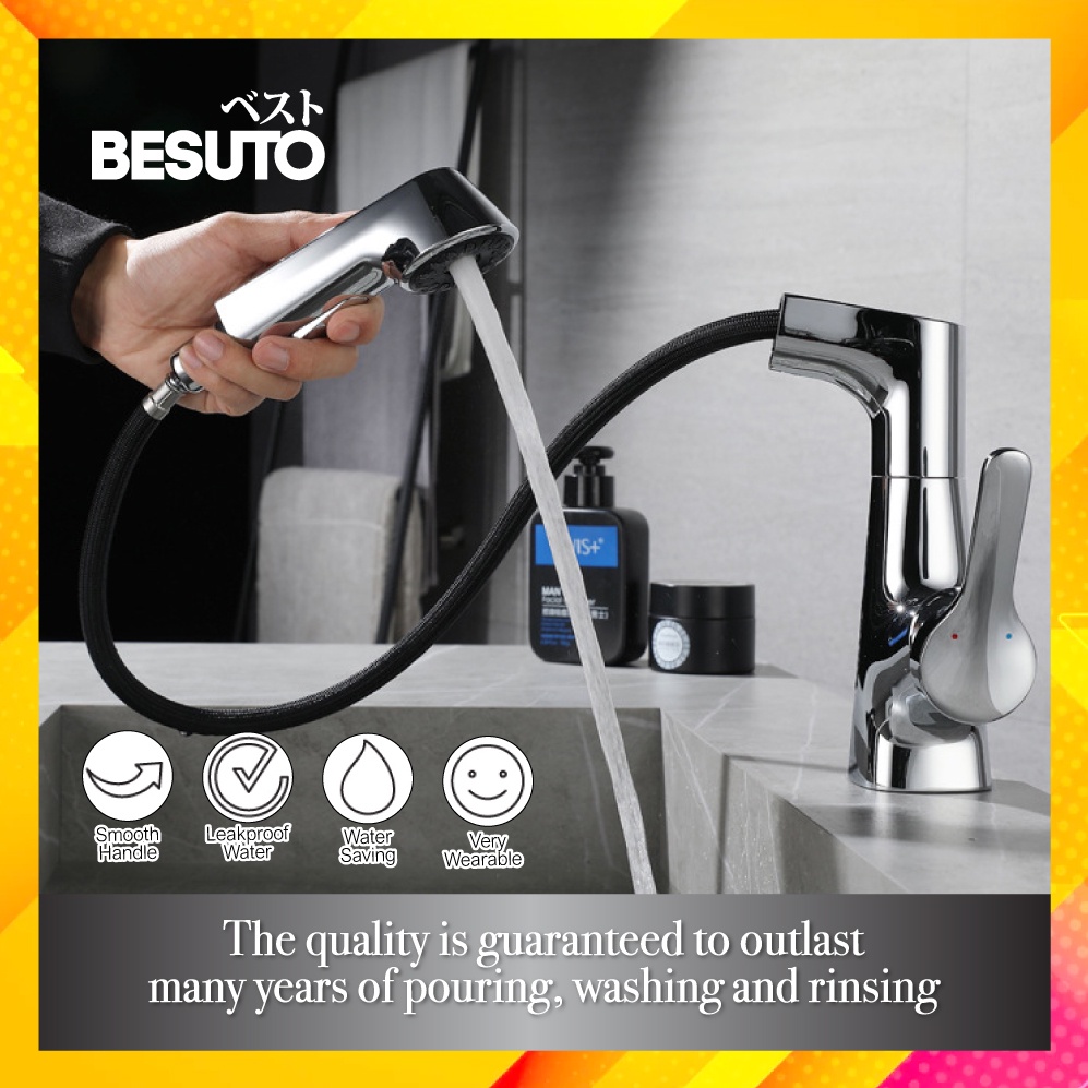 [BESUTO] Basin Faucet Chrome Mixer Lifting Pull Out Bathroom Faucet