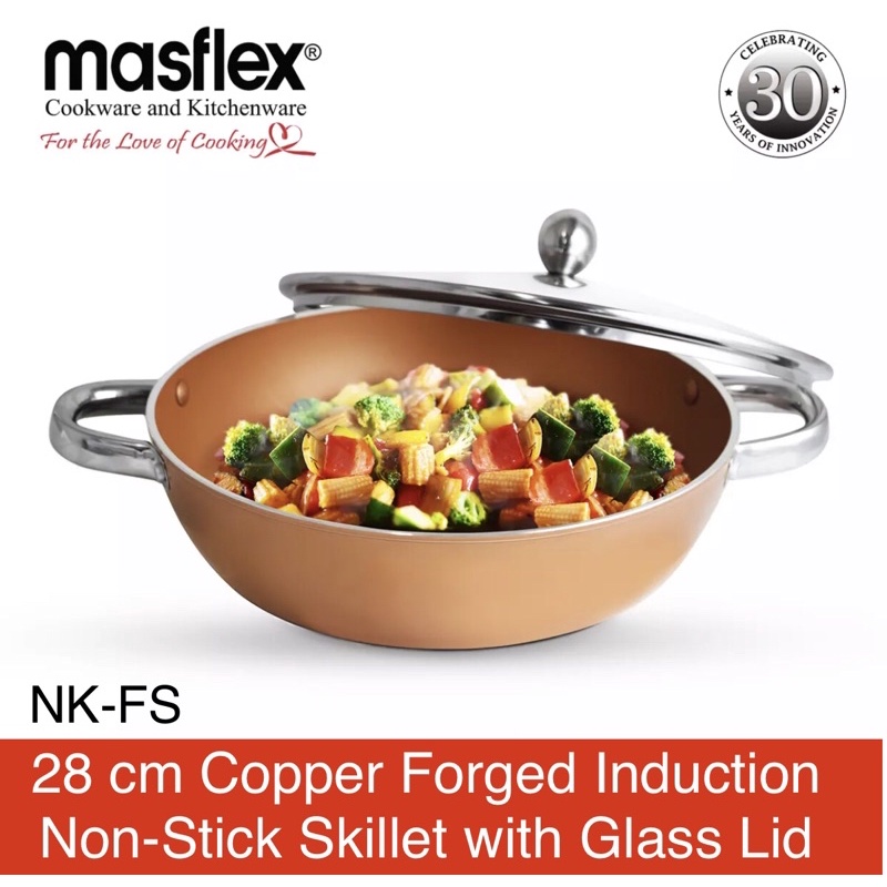 Masflex 28 cm Copper Induction Non-Stick Skillet with Glass lid ...