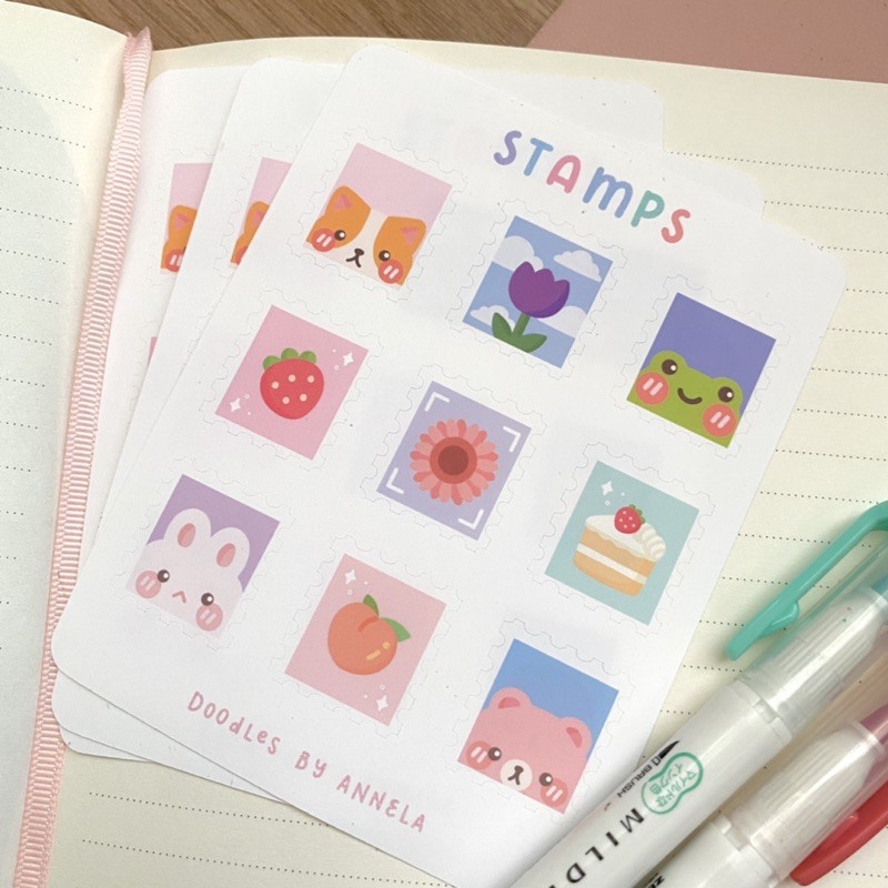 Kawaii Stamps Sticker Sheet | Planner Journal Deco Stickers | Doodles