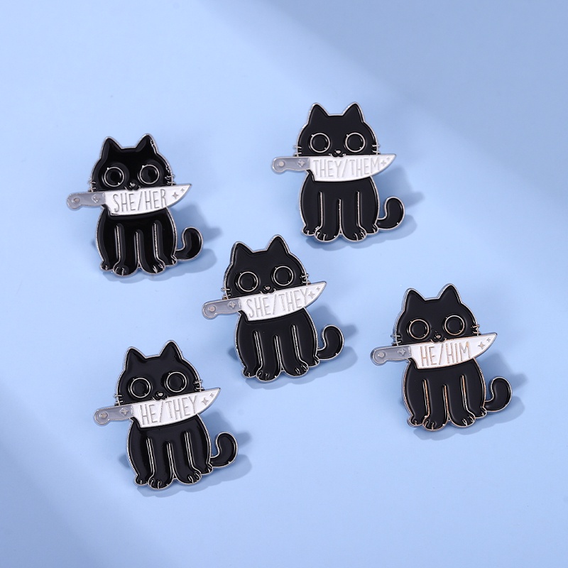 Cartoon Black Cat Enamel Pins Text He She Brooch Cute Kitten Pin Lapel