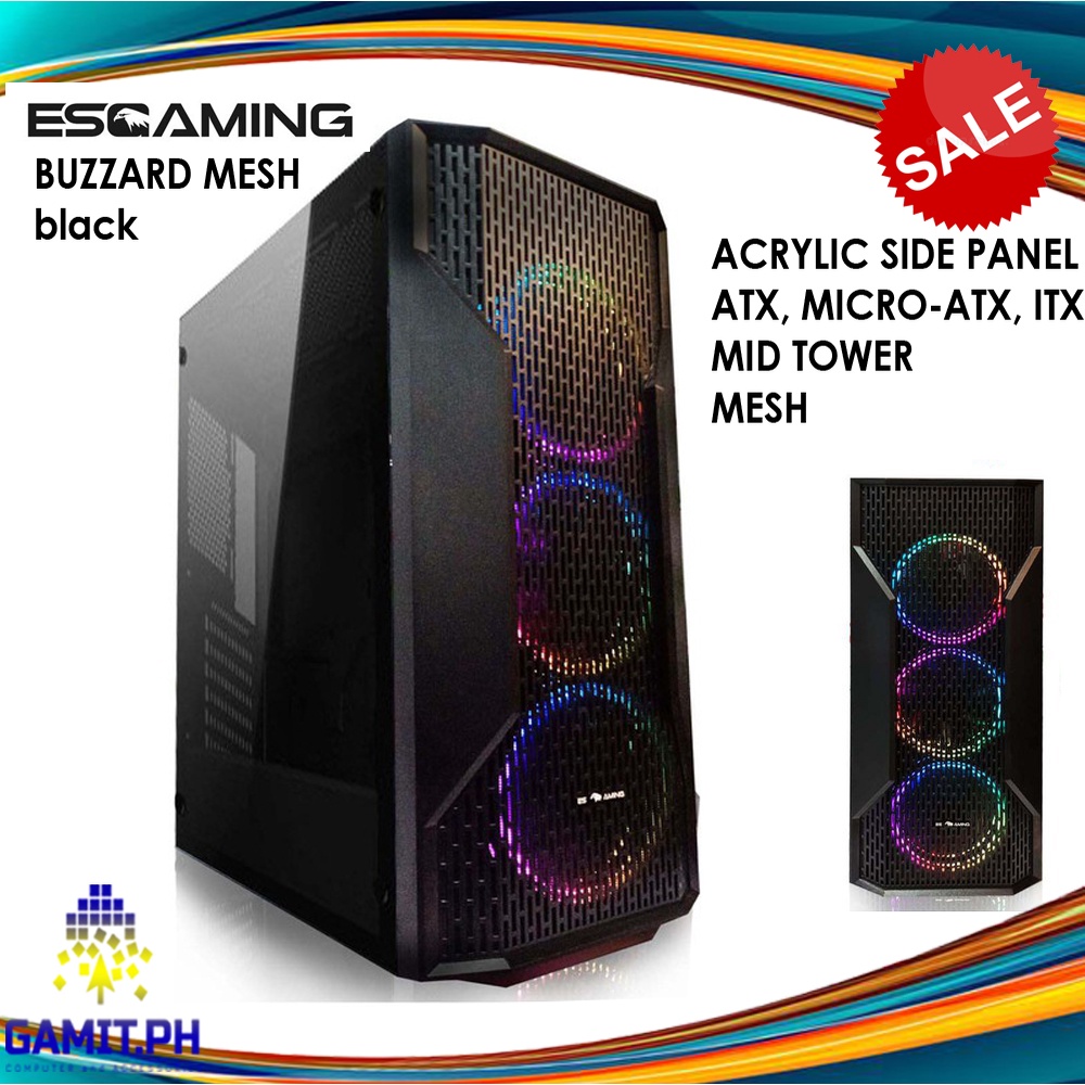 ATX RGB Gaming PC Case Desktop Tempered Glass Side Buzzard Gaming Mesh ...