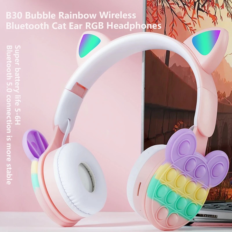 Pink Cute Cat Ear Wireless Bluetooth RGB Kids Headsets Noise Cancelling ...