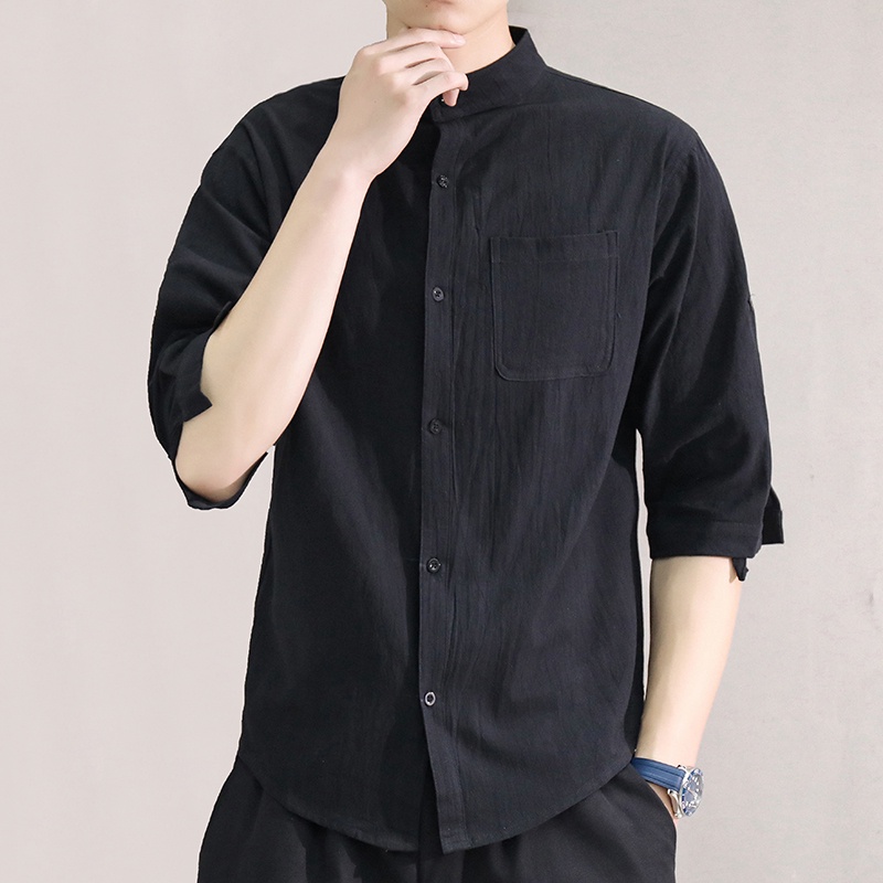 【Ready Stock】Chinese Collar 3/4 Sleeve Polo White/Black/Green Men's ...