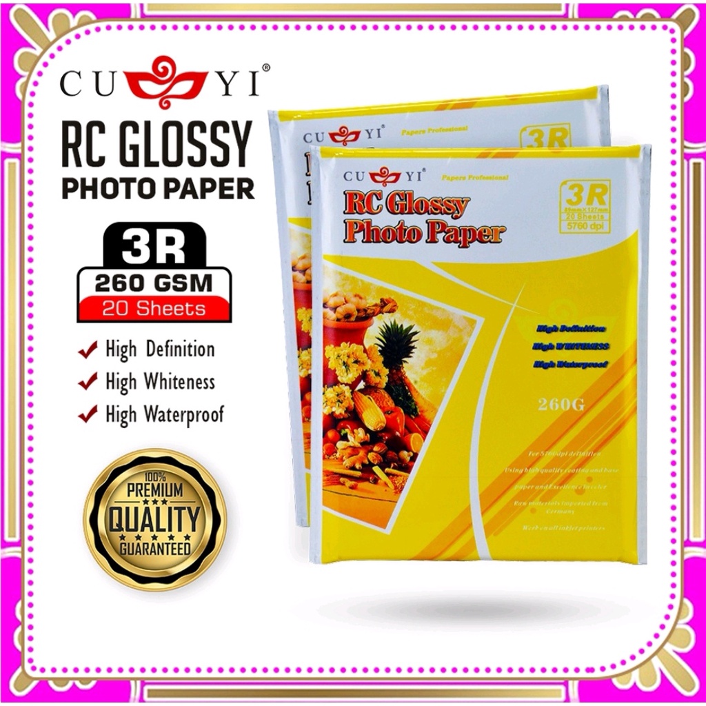 3R / 4R / 5R / A4 Size CUYI RC High Glossy Photo Paper 260GSM (20Sheets ...