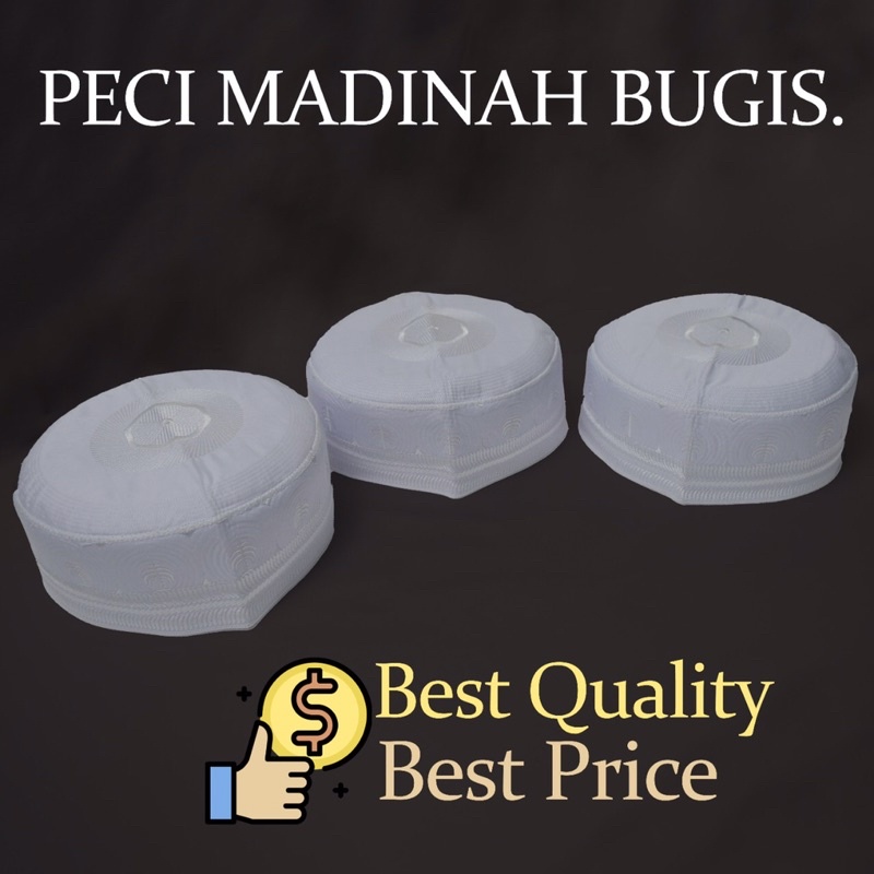 PUTIH Madina bugis type skullcap, plain white, date palm tree motif ...