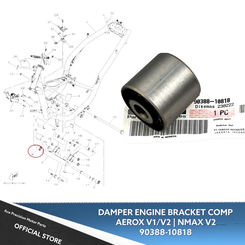 DAMPER ENGINE BRACKET COMP. AEROX V1/V2 NMAX V2 9038810818 GENUINE