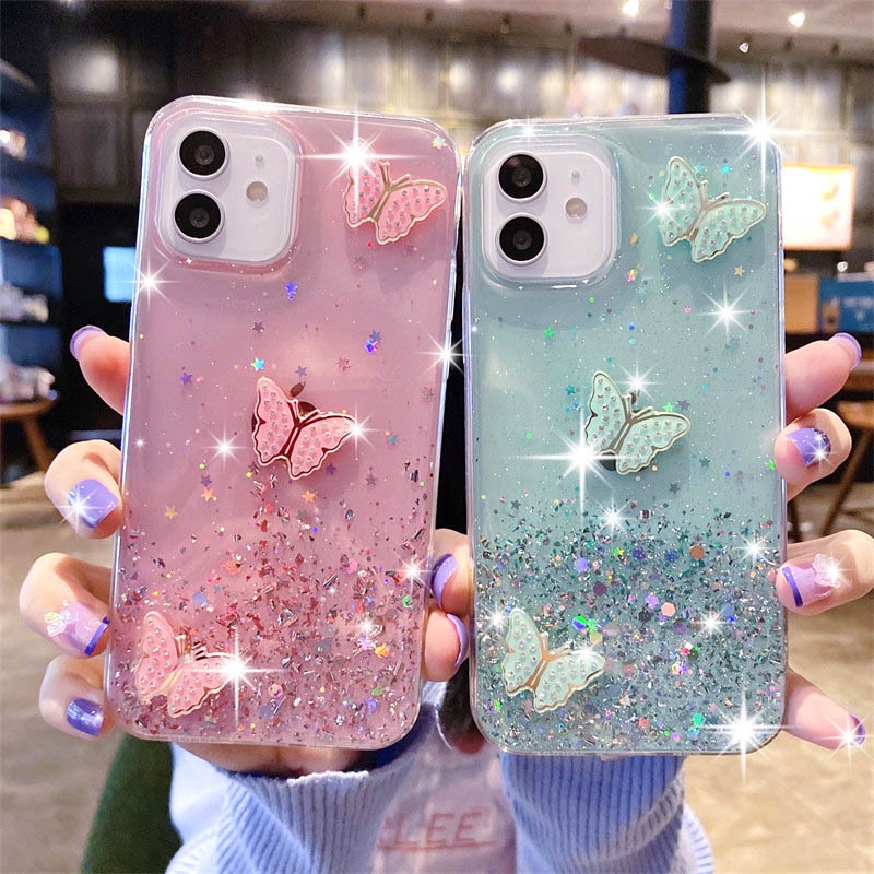 For iPhone 13 14 Plus 14 Pro Max 3D Butterfly Star Glitter Phone Case