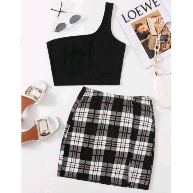 Korean Fashion Plaid Skirt and Cotton Top | Shopee Philippines