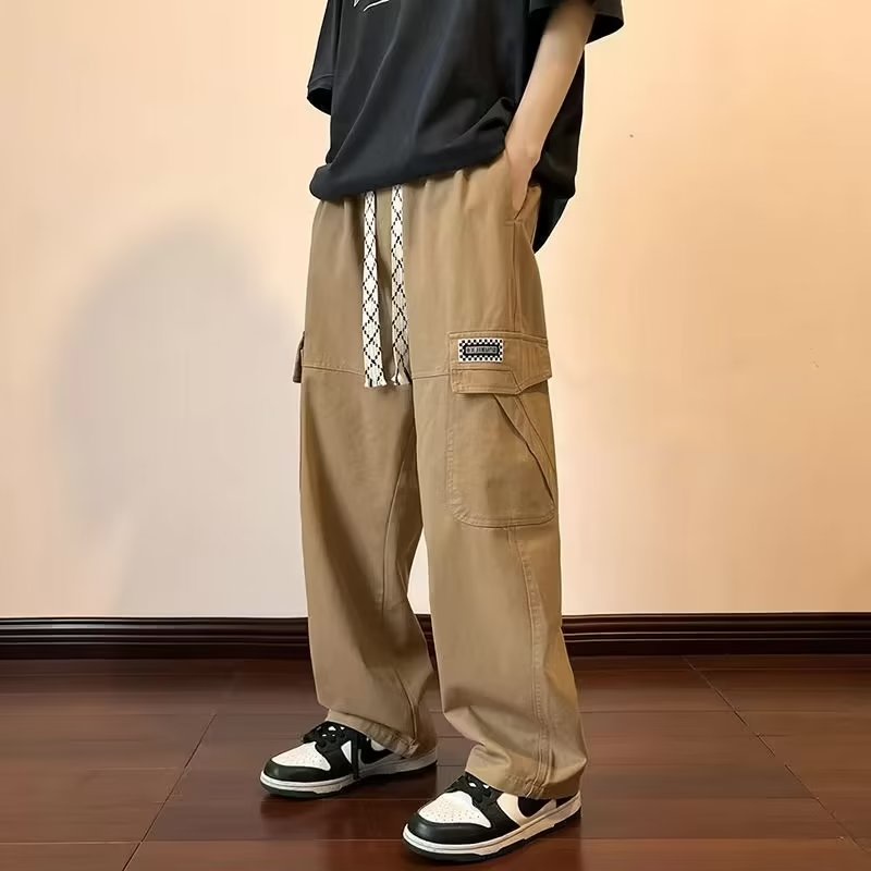 Men's Cotton Baggy Straight Cargo Pants Vintage Trousers Korean
