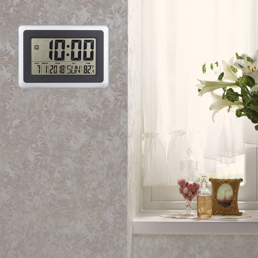 LCD Digital Large Wall Clock Thermometer Desk Calendar Time Alarm