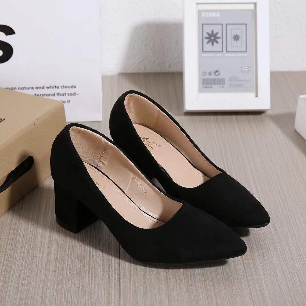 [LIN] 2 Inch Korean Women Pointed Toe Black Office Work Block Heel ...