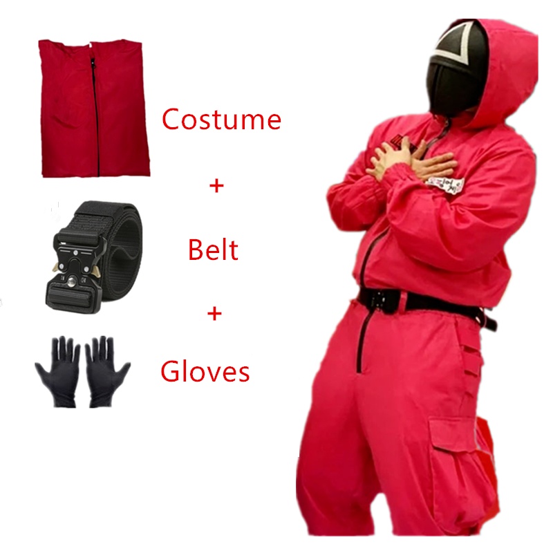 Squid Game Villain Cosplay Halloween Costume Mask Tracksuit Suit Villain Red Jumpsuit Round