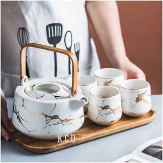 Hot Sale Luxury Modern Teapot 4-piece Tea Cups Ceramic Large Tea Pot Marble  Tea Service Set With Wooden Tray - Buy Ceramic Rooster Teapot,Ceramic