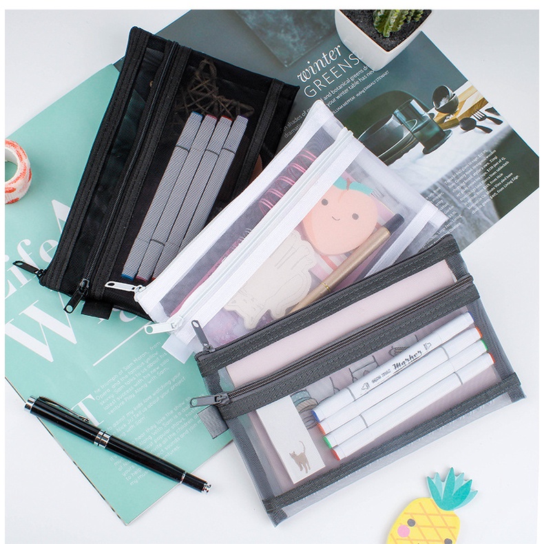 Transparent grid mesh pencil bag single double layer large capacity