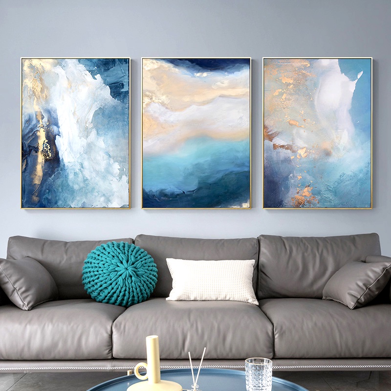 Modern Abstract Gold Foil River Blue Canvas Art Paintings For Living ...