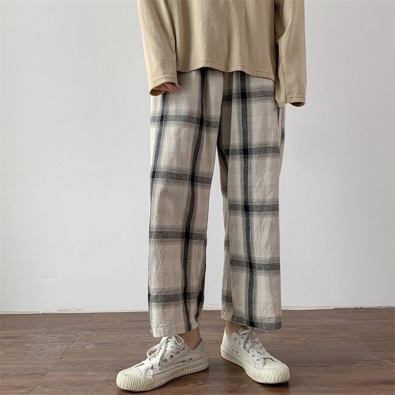 Vintage Plaid Jeans for Woman, Straight Wide Leg Pants Loose