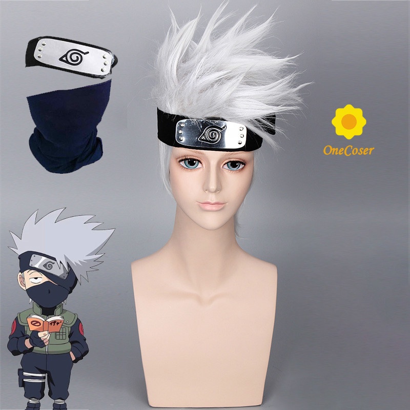 Anime Hatake Kakashi Cosplay Short Silvery Wig Headband Face Cover Heat ...