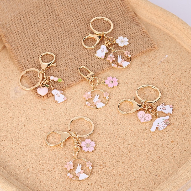 Cartoon Pink Sakura Rabbit Keychain Girl Cat Pendant Keychain Charm Car ...