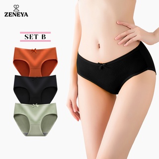 (Set of 3 pcs) Zeneya Plain Cotton Panty For Women with Ribbon Underwear  Undies Panties A05