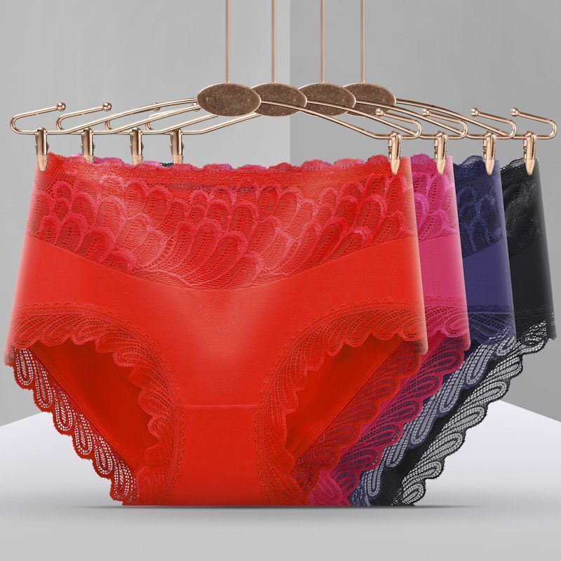 ☂4 Pcs Lace Mid Waist Panties Plus Size Women Seamless Cotton Crotch Antibacterial Underwear 6835