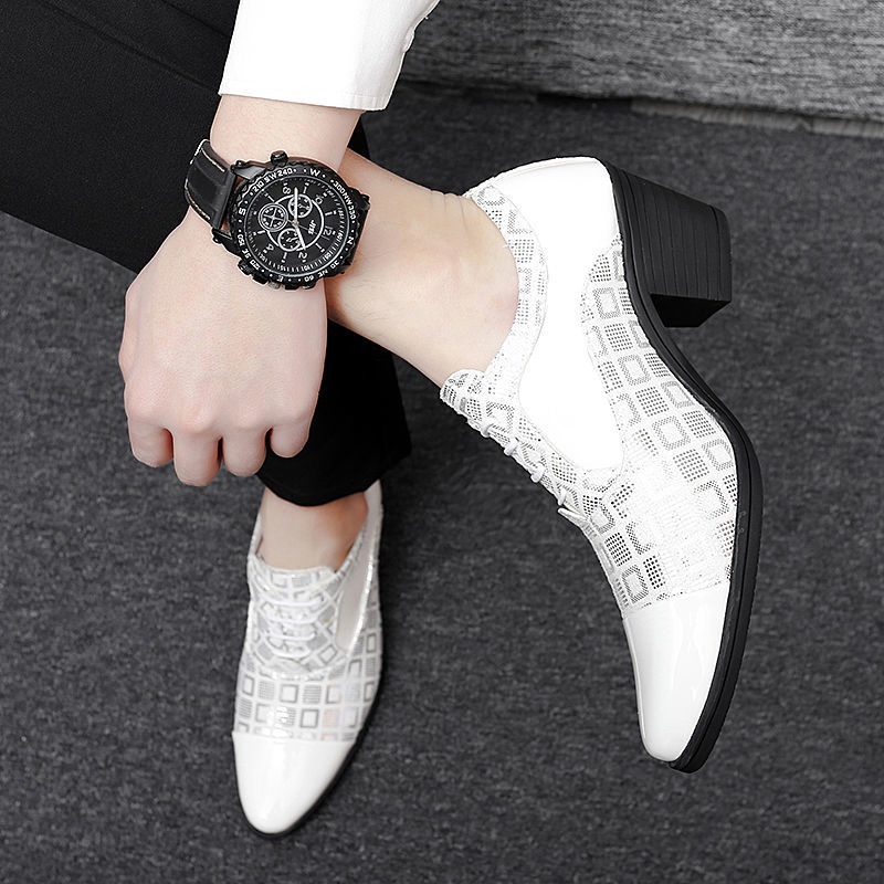 Gentleman Pointed Leather Shoes White Men's High Heels Handsome Groom