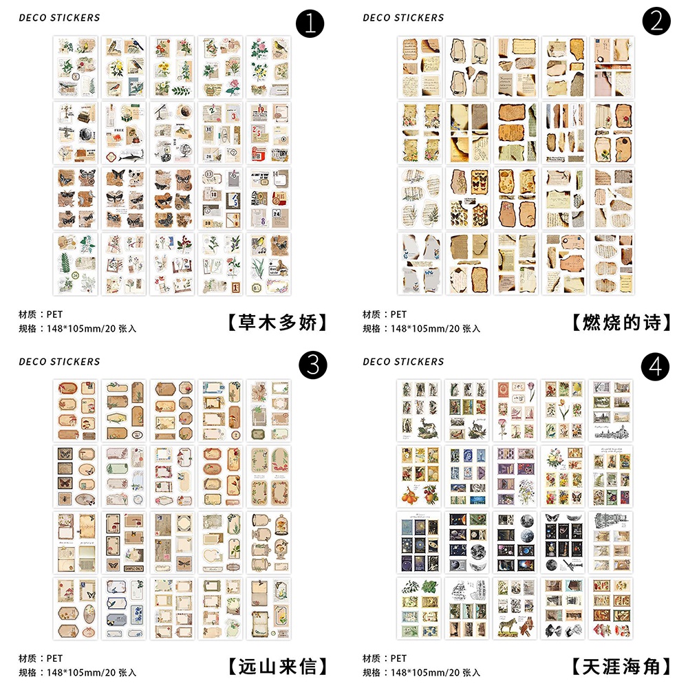 20 Sheets Vintage PET Stickers Book Diy Diary Decoration Plant Flower ...