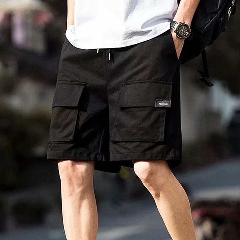 【S-5XL】Summer Plain Black Cargo Shorts for Men 6 Pockets Korean Fashion ...