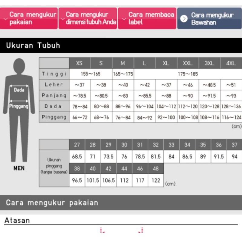 Uniqlo Man & Woman Size Chart Shopee Philippines