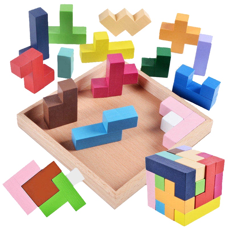 Children 3D Cube Tetris Tangram Jigsaw Puzzle Montessori Wooden Toys ...