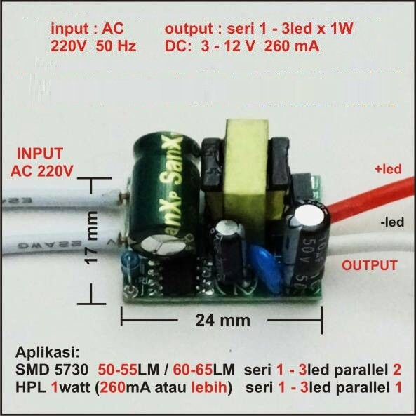 Step down Stepdown 220Volt AC to 3V 12V DC LED Driver 1-3x1 Watt 260mA ...