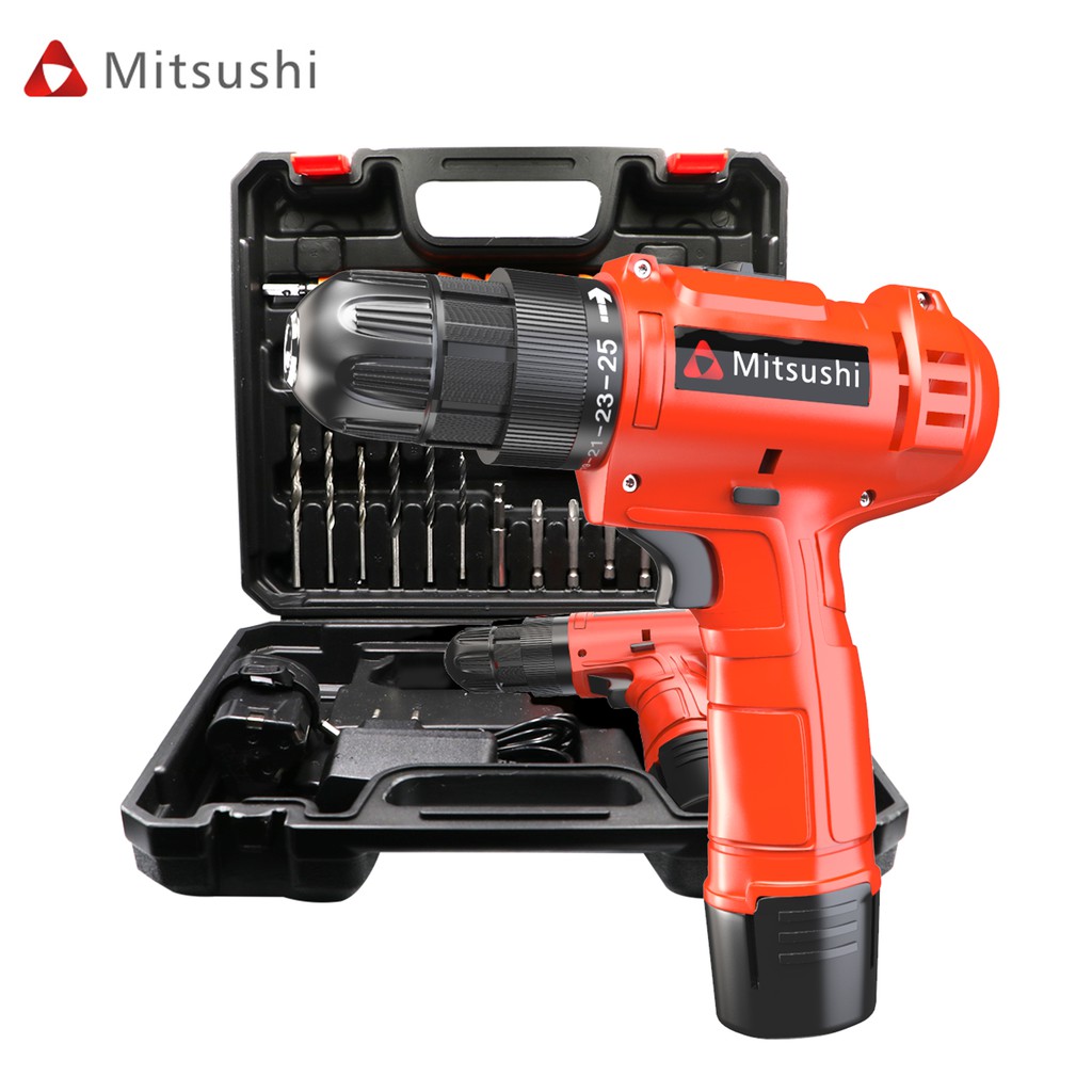 Mitsushi Cordless Drill Driver 12V Double Speed with Free Accessories Set and 2 Li ion Batteries