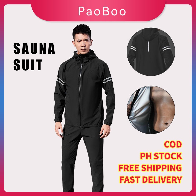 「PaoBoo」Men Sauna Suit Fast Weight Loss Sweat Gym Exercise Workout Jogger  Cycling Reflective Strip